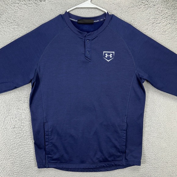 Under Armour T-Shirt Baseball Henley Tee Mens Medium Blue Fleece Lined Loose
